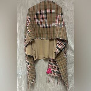 Juicy Couture Ivory Tan Pink Black Red Plaid Reversible Fringe Tassel Scarf